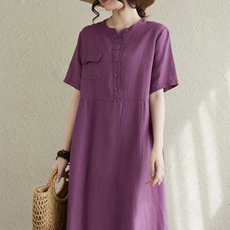 Breathable Linen Stand-Collar Daily Grounding Midi Dress