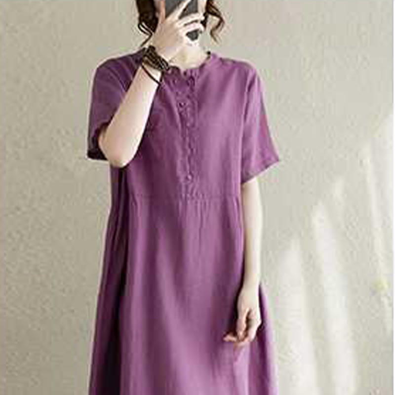 Breathable Linen Stand-Collar Daily Grounding Midi Dress