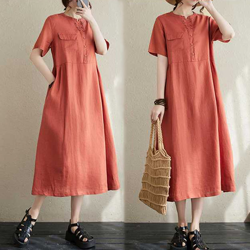 Breathable Linen Stand-Collar Daily Grounding Midi Dress