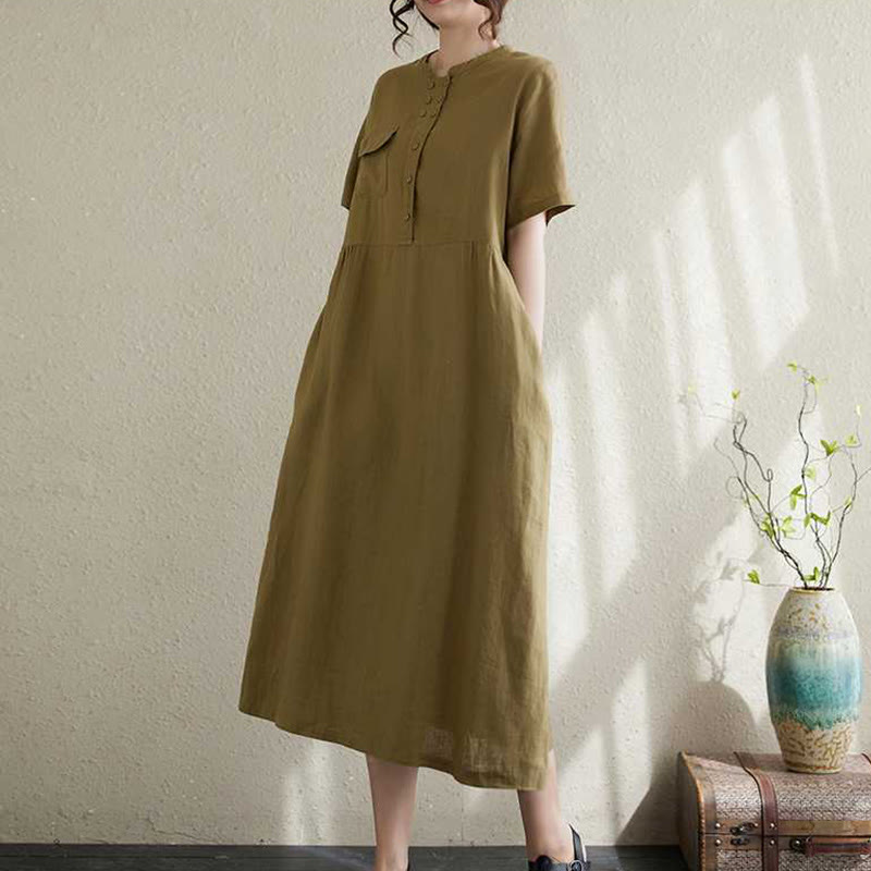 Breathable Linen Stand-Collar Daily Grounding Midi Dress