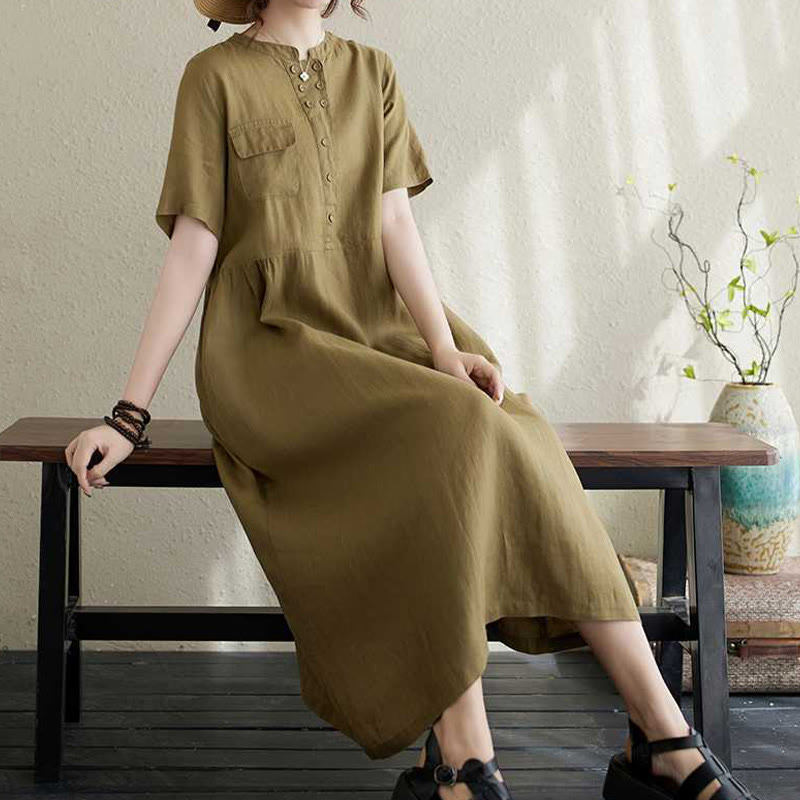 Breathable Linen Stand-Collar Daily Grounding Midi Dress