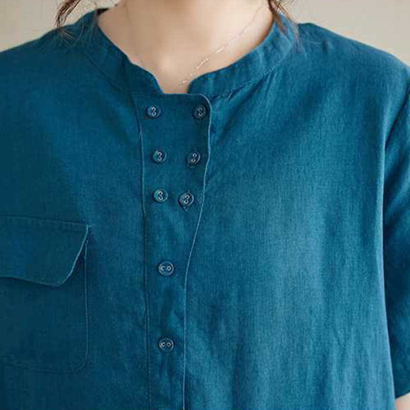 Breathable Linen Stand-Collar Daily Grounding Midi Dress