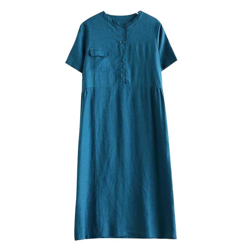 Breathable Linen Stand-Collar Daily Grounding Midi Dress