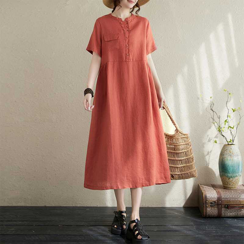 Breathable Linen Stand-Collar Daily Grounding Midi Dress