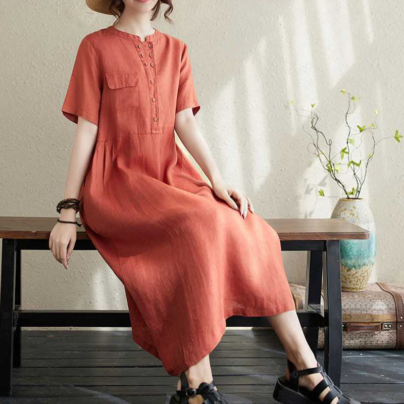 Breathable Linen Stand-Collar Daily Grounding Midi Dress