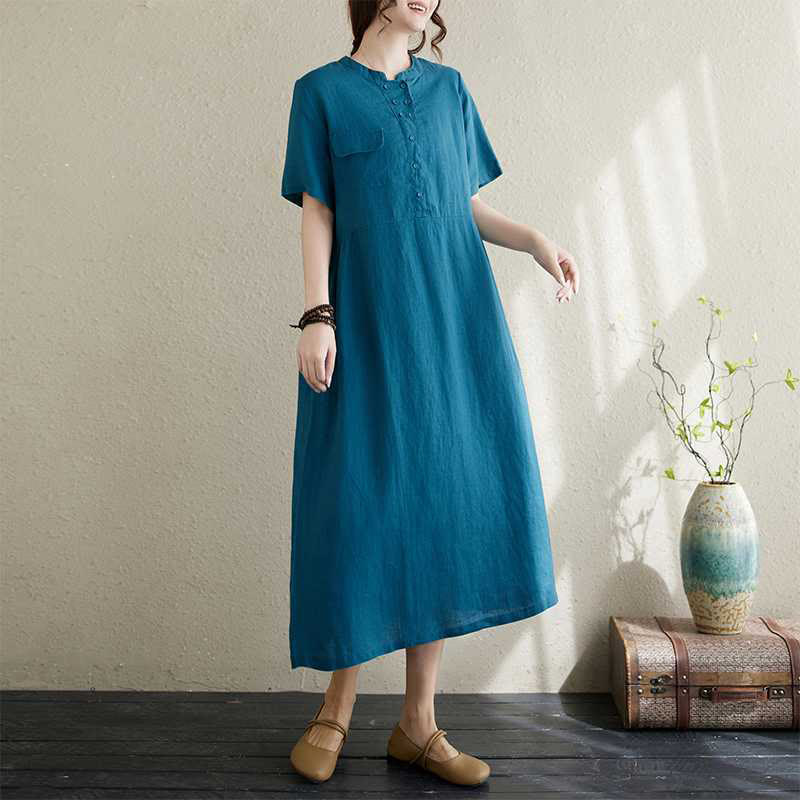 Breathable Linen Stand-Collar Daily Grounding Midi Dress