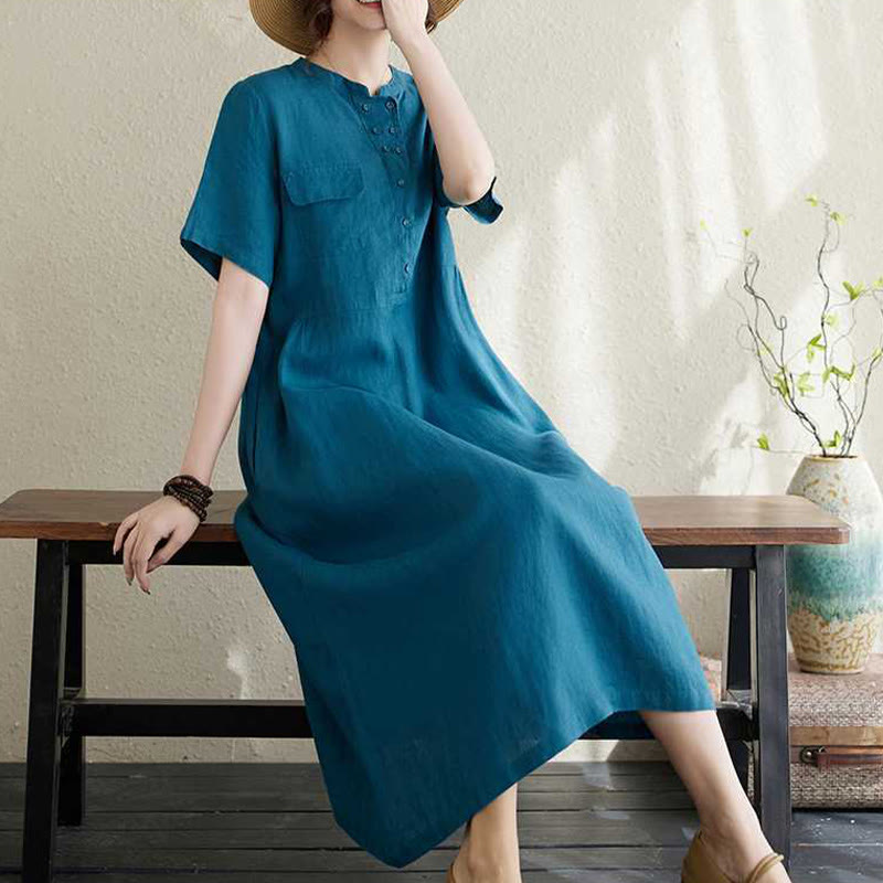 Breathable Linen Stand-Collar Daily Grounding Midi Dress