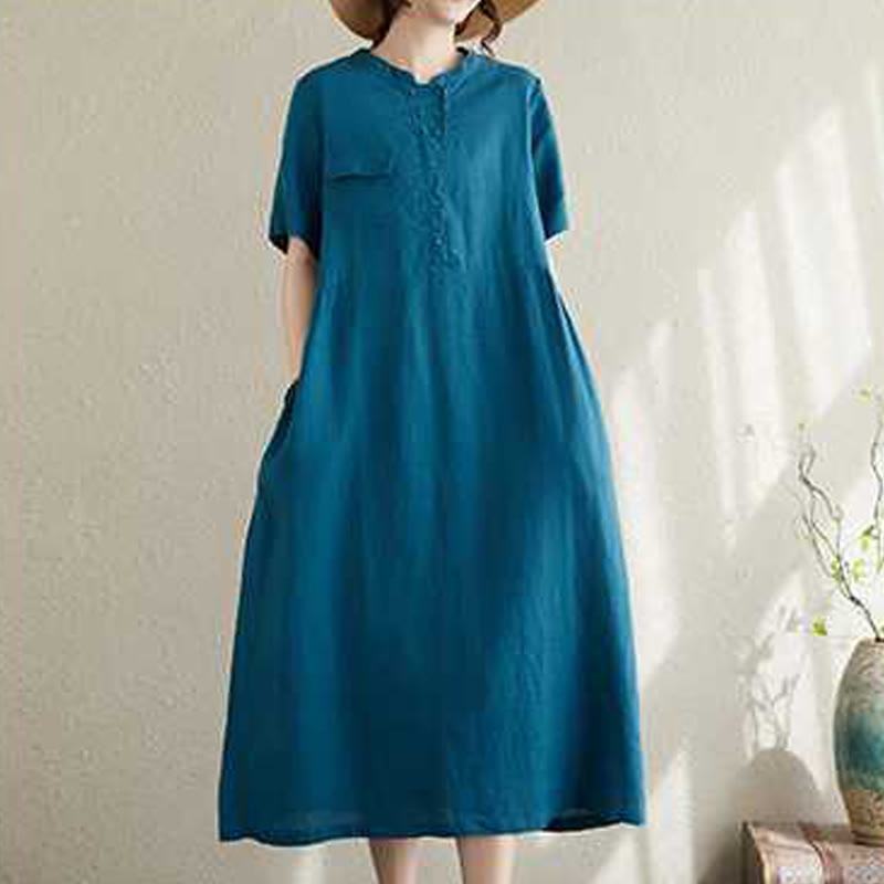Breathable Linen Stand-Collar Daily Grounding Midi Dress