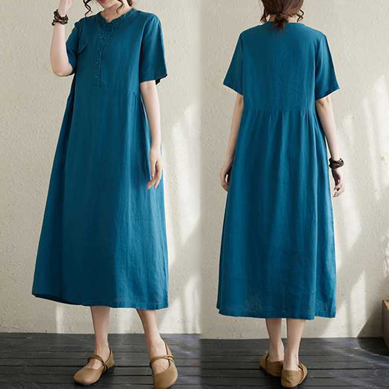 Breathable Linen Stand-Collar Daily Grounding Midi Dress