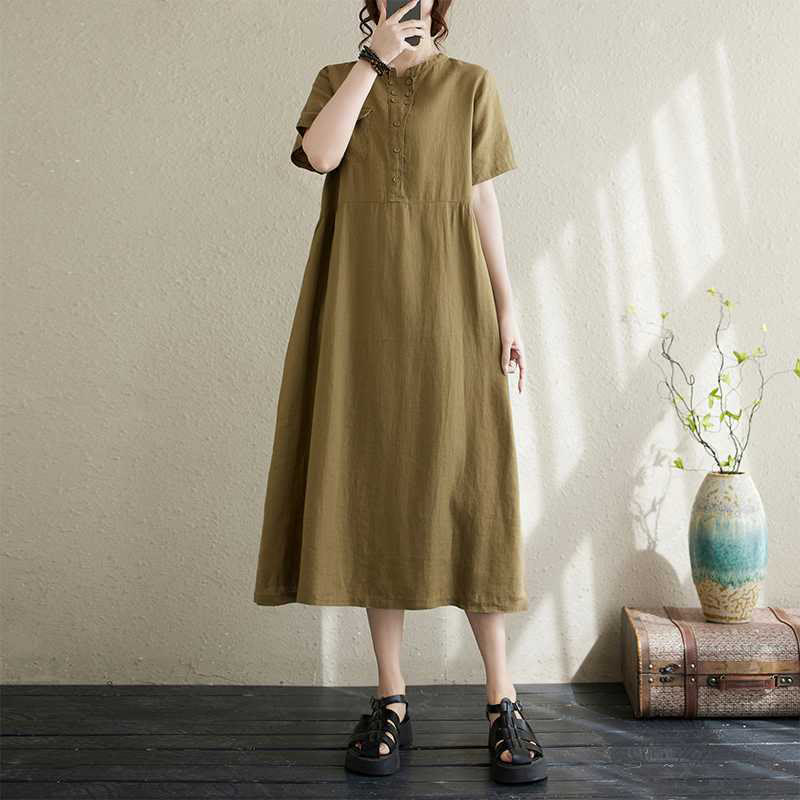 Breathable Linen Stand-Collar Daily Grounding Midi Dress