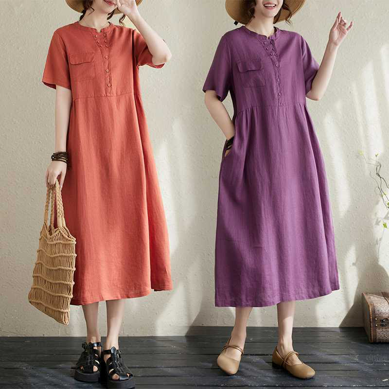 Breathable Linen Stand-Collar Daily Grounding Midi Dress