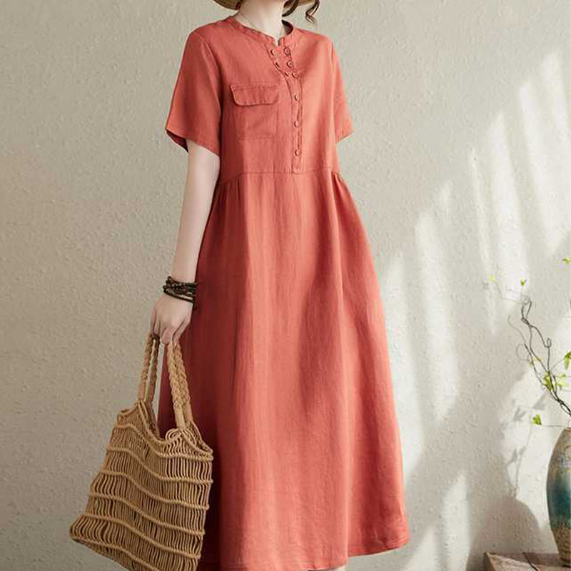 Breathable Linen Stand-Collar Daily Grounding Midi Dress