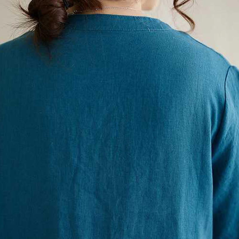 Breathable Linen Stand-Collar Daily Grounding Midi Dress