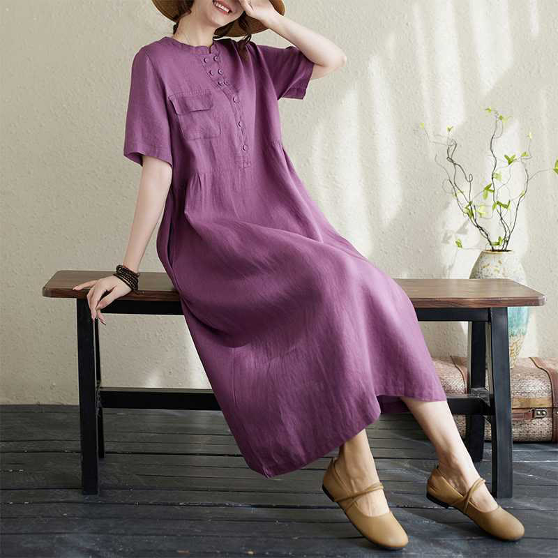 Breathable Linen Stand-Collar Daily Grounding Midi Dress