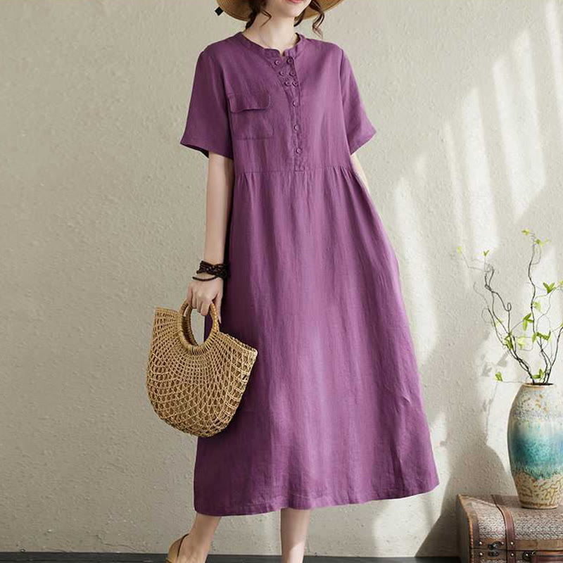 Breathable Linen Stand-Collar Daily Grounding Midi Dress