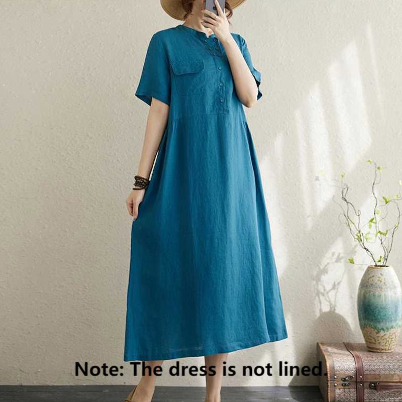 Breathable Linen Stand-Collar Daily Grounding Midi Dress