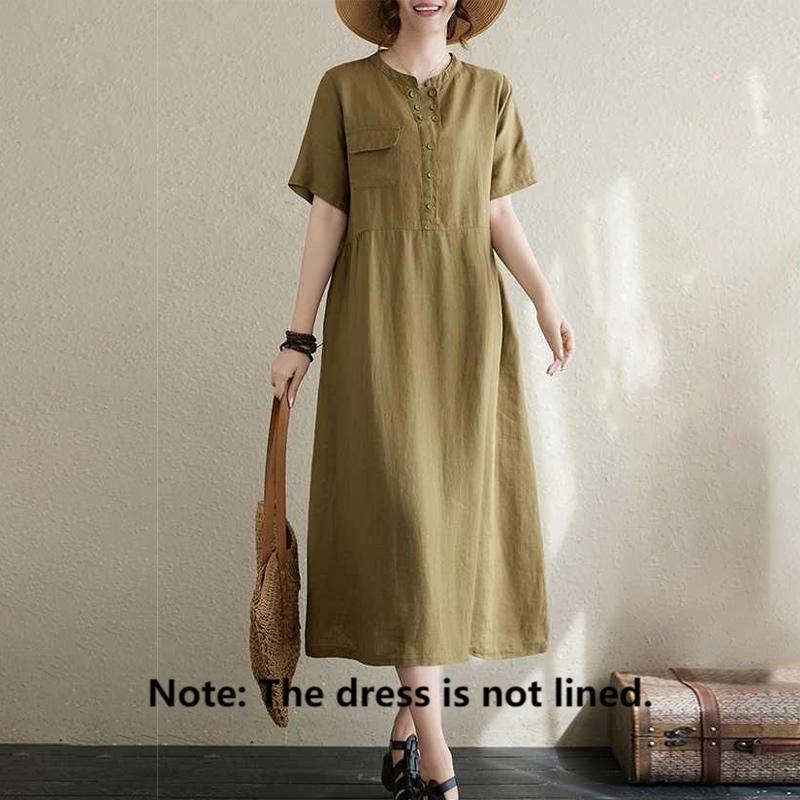 Breathable Linen Stand-Collar Daily Grounding Midi Dress