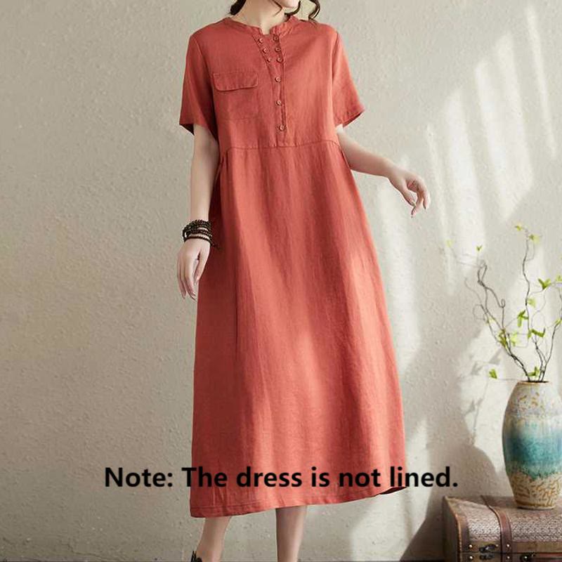 Breathable Linen Stand-Collar Daily Grounding Midi Dress