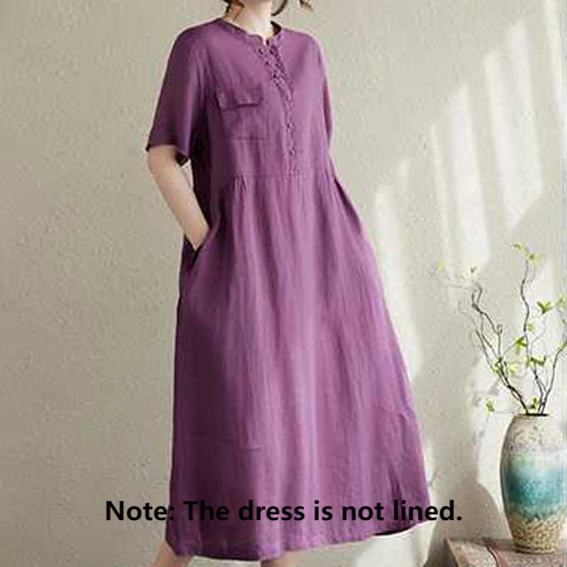 Breathable Linen Stand-Collar Daily Grounding Midi Dress