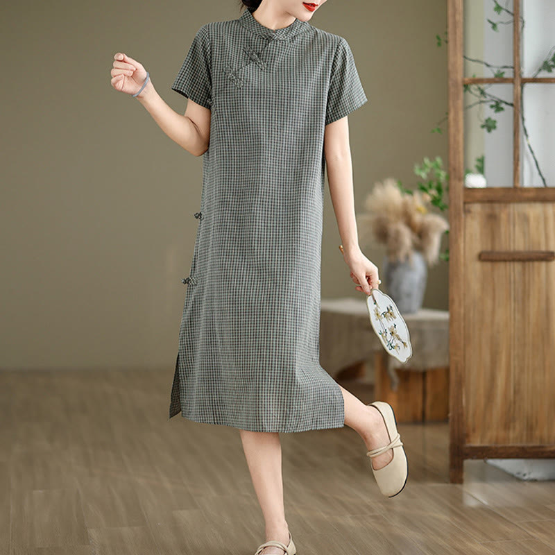 Cotton Linen Plaid Frog-Button Mindful Cheongsam Midi Dress