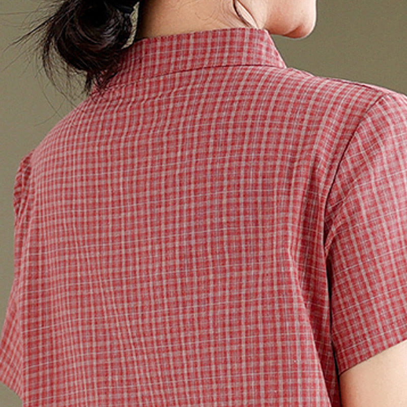 Cotton Linen Plaid Frog-Button Mindful Cheongsam Midi Dress
