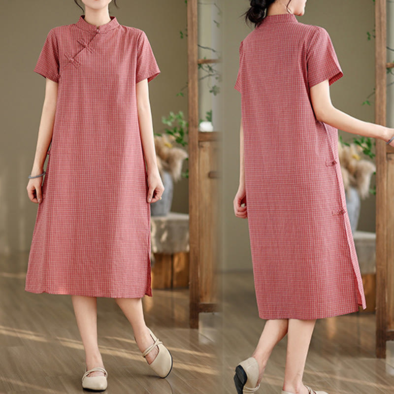 Cotton Linen Plaid Frog-Button Mindful Cheongsam Midi Dress