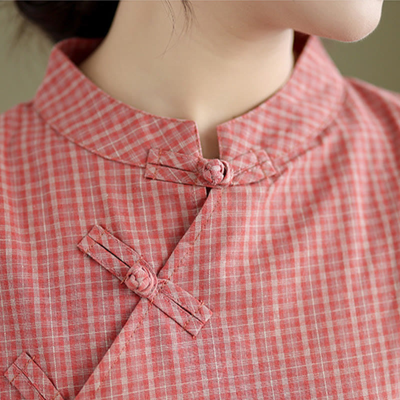 Cotton Linen Plaid Frog-Button Mindful Cheongsam Midi Dress