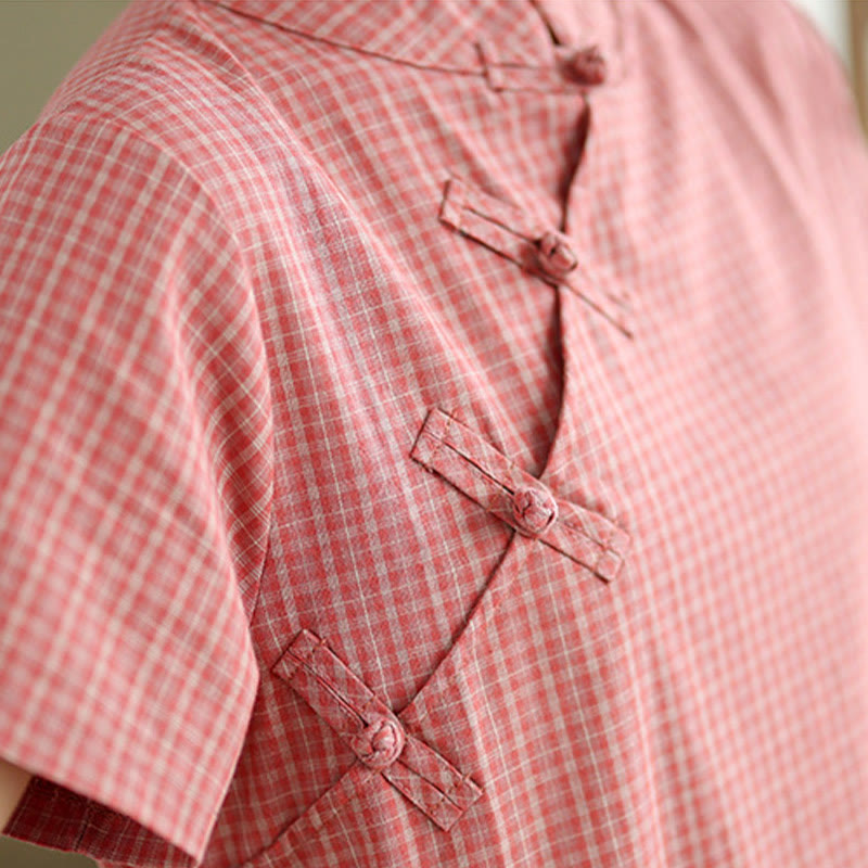 Cotton Linen Plaid Frog-Button Mindful Cheongsam Midi Dress