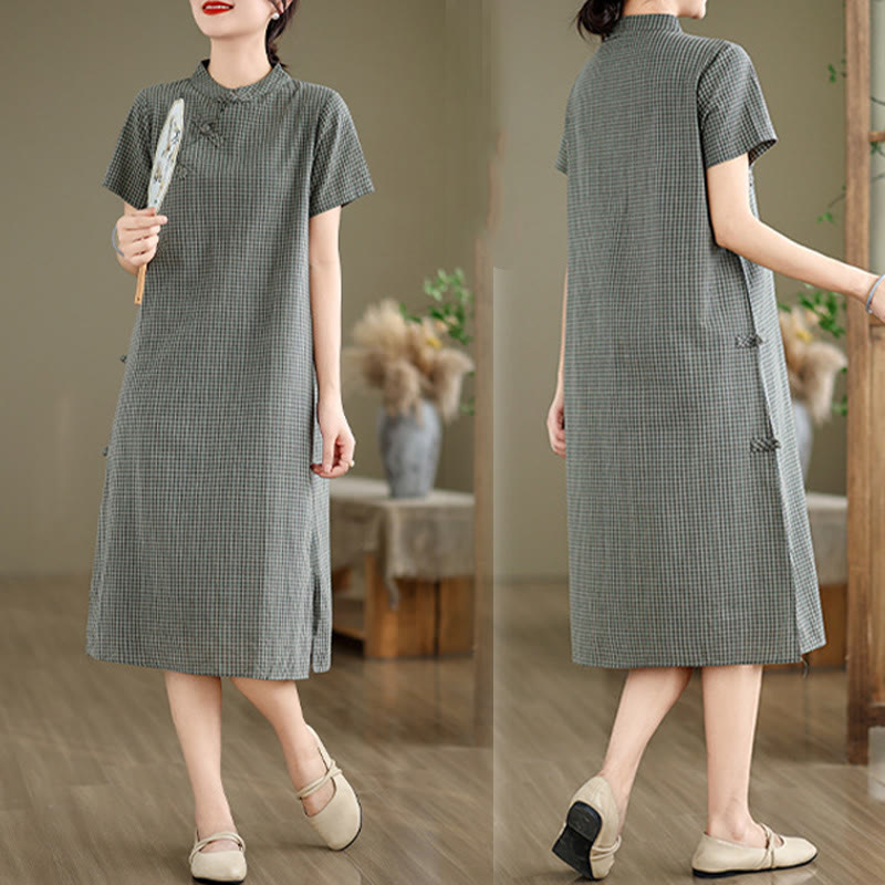 Cotton Linen Plaid Frog-Button Mindful Cheongsam Midi Dress