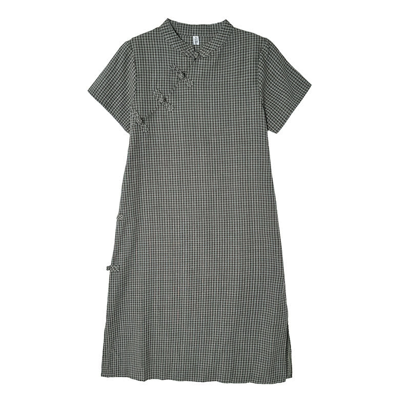 Cotton Linen Plaid Frog-Button Mindful Cheongsam Midi Dress