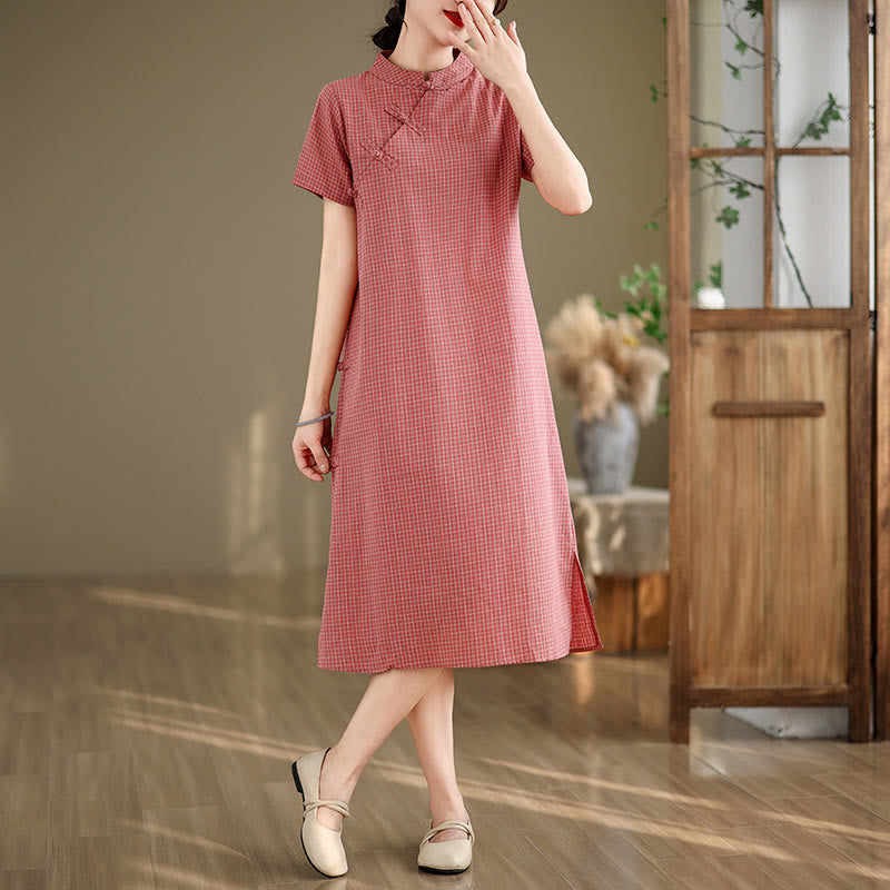 Cotton Linen Plaid Frog-Button Mindful Cheongsam Midi Dress