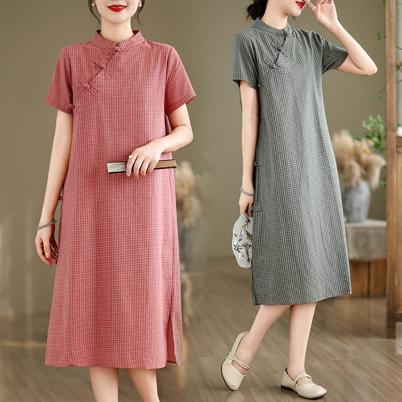 Cotton Linen Plaid Frog-Button Mindful Cheongsam Midi Dress