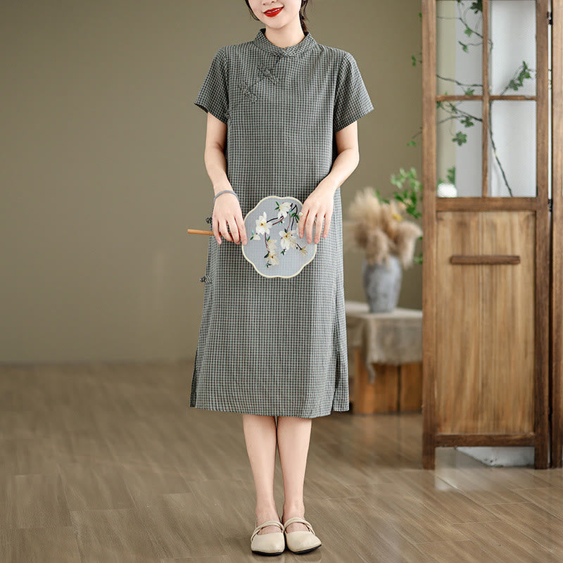 Cotton Linen Plaid Frog-Button Mindful Cheongsam Midi Dress