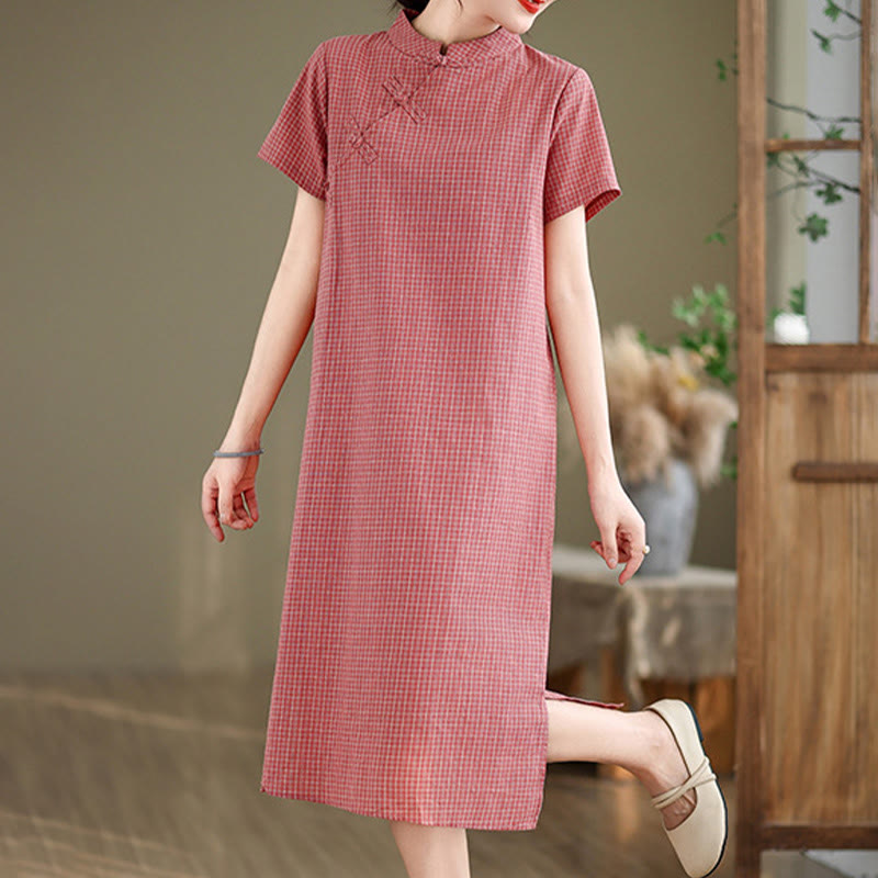 Cotton Linen Plaid Frog-Button Mindful Cheongsam Midi Dress
