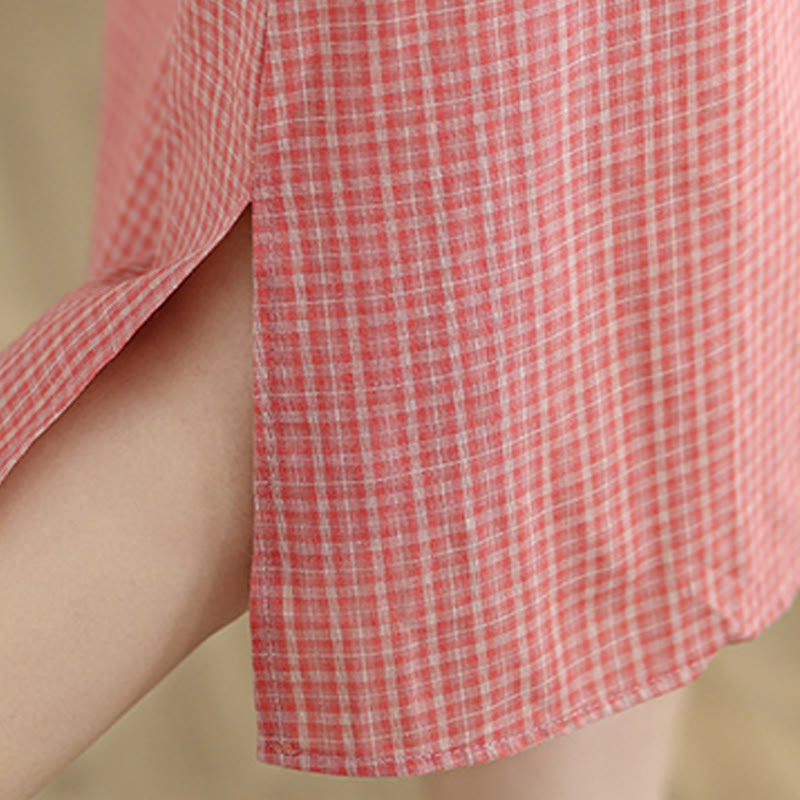 Cotton Linen Plaid Frog-Button Mindful Cheongsam Midi Dress