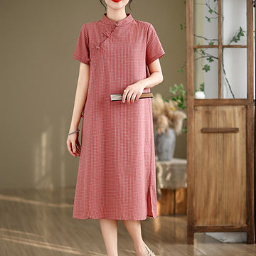 Cotton Linen Plaid Frog-Button Mindful Cheongsam Midi Dress