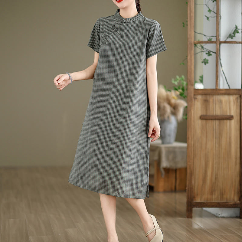 Cotton Linen Plaid Frog-Button Mindful Cheongsam Midi Dress