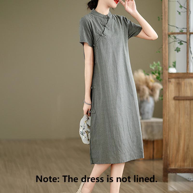 Cotton Linen Plaid Frog-Button Mindful Cheongsam Midi Dress