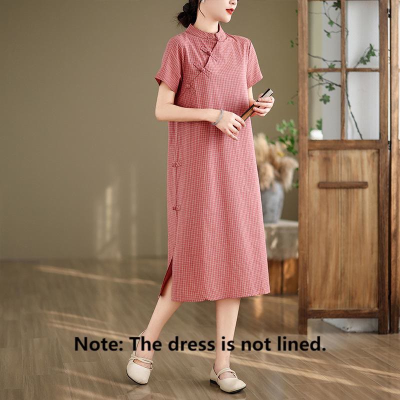 Cotton Linen Plaid Frog-Button Mindful Cheongsam Midi Dress
