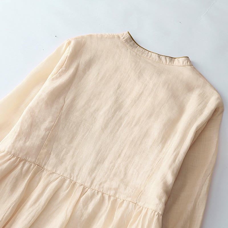 Embroidery Buttons Design Long Sleeve Cotton Linen Midi Dress With Pockets