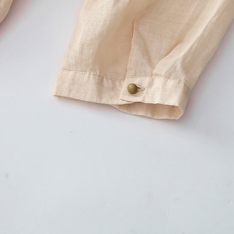 Embroidery Buttons Design Long Sleeve Cotton Linen Midi Dress With Pockets