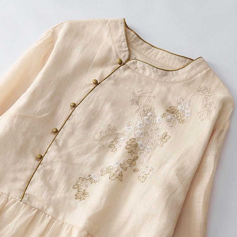 Embroidery Buttons Design Long Sleeve Cotton Linen Midi Dress With Pockets