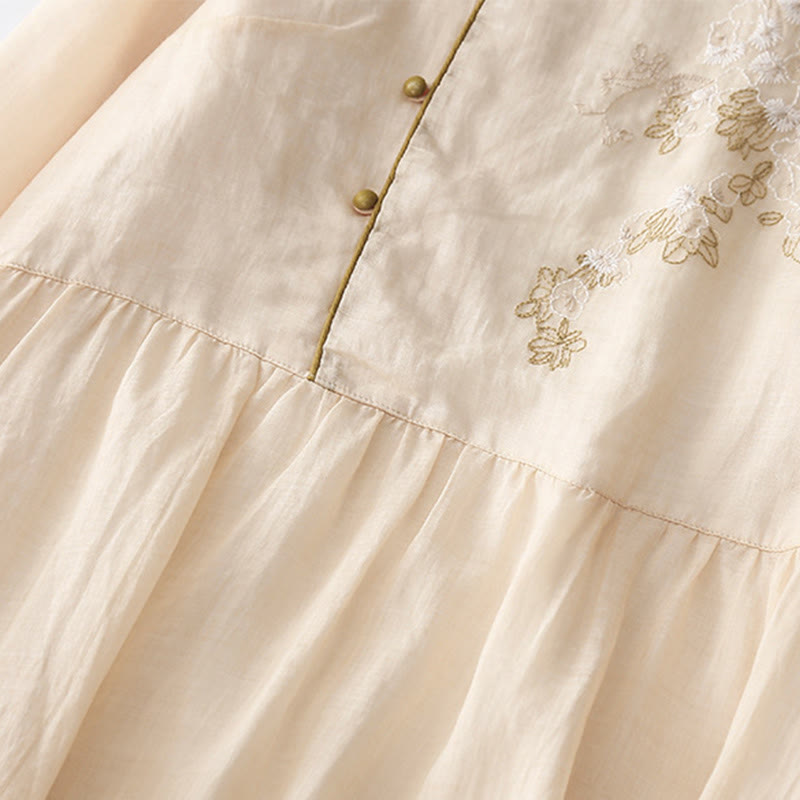 Embroidery Buttons Design Long Sleeve Cotton Linen Midi Dress With Pockets