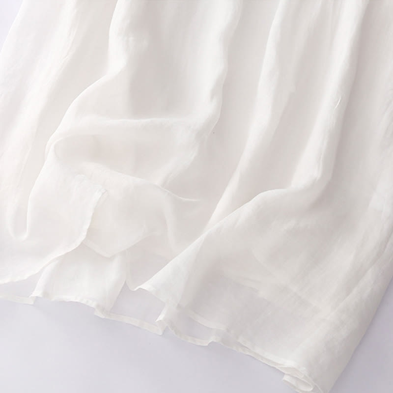 Embroidery Buttons Design Long Sleeve Cotton Linen Midi Dress With Pockets