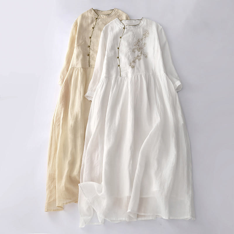 Embroidery Buttons Design Long Sleeve Cotton Linen Midi Dress With Pockets