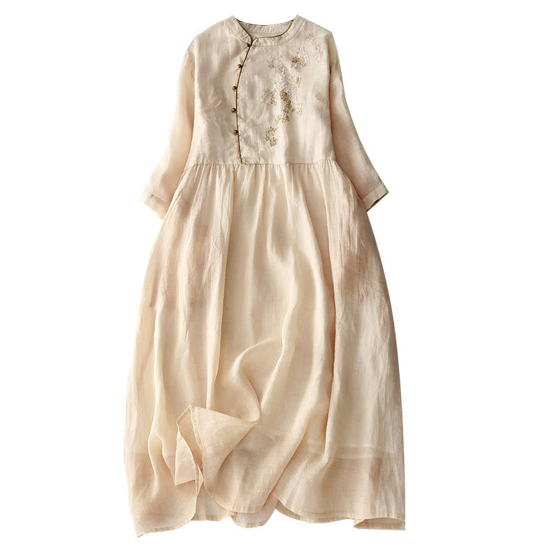 Embroidery Buttons Design Long Sleeve Cotton Linen Midi Dress With Pockets