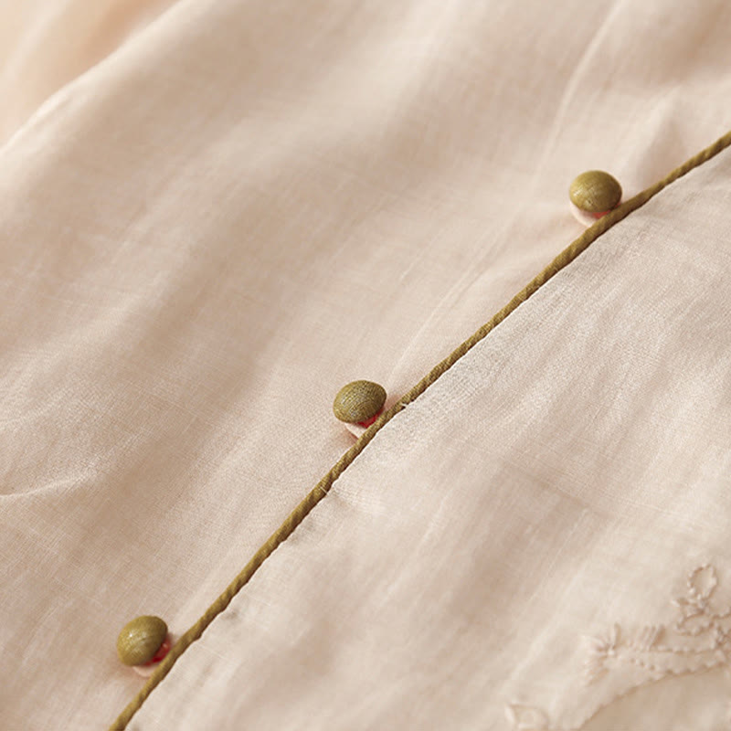 Embroidery Buttons Design Long Sleeve Cotton Linen Midi Dress With Pockets