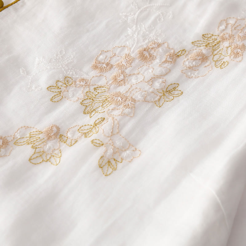 Embroidery Buttons Design Long Sleeve Cotton Linen Midi Dress With Pockets