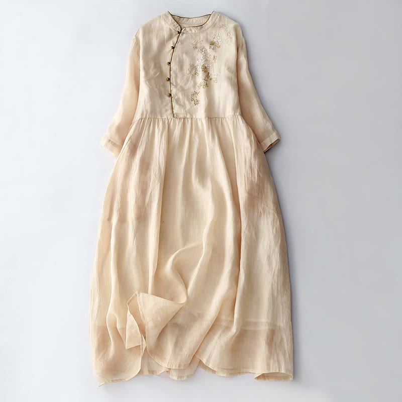 Embroidery Buttons Design Long Sleeve Cotton Linen Midi Dress With Pockets