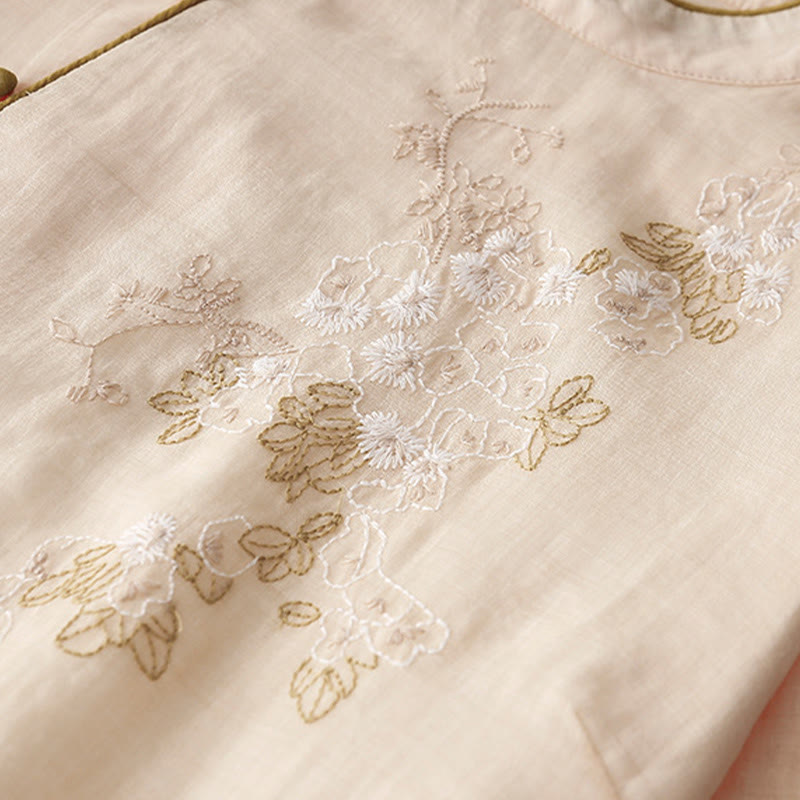 Embroidery Buttons Design Long Sleeve Cotton Linen Midi Dress With Pockets